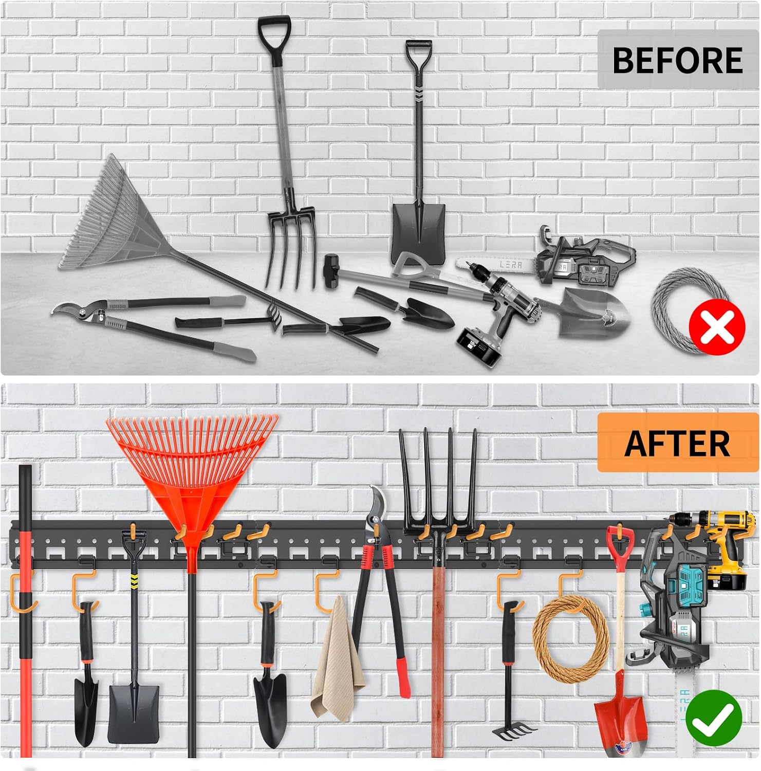 Garden Tool Organizer Wall Mount - Garage Storage and Organization Yard Tool Hanger with Adjustable Pegboard Hooks Shed