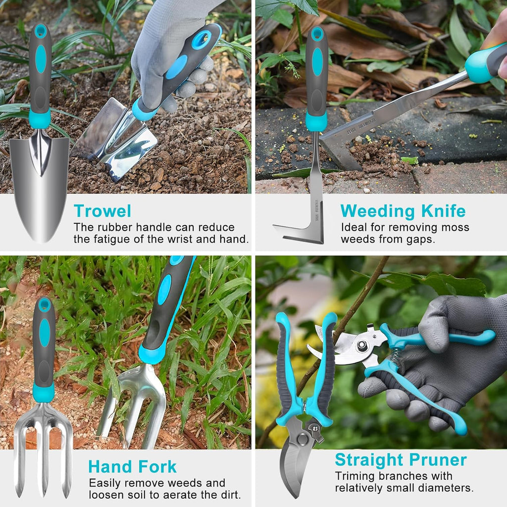 Gardening Tools, Carsolt 10 Piece Heavy Duty Stainless Steel Garden Tools Set with Ergonomic Rubber Handle. Variety of
