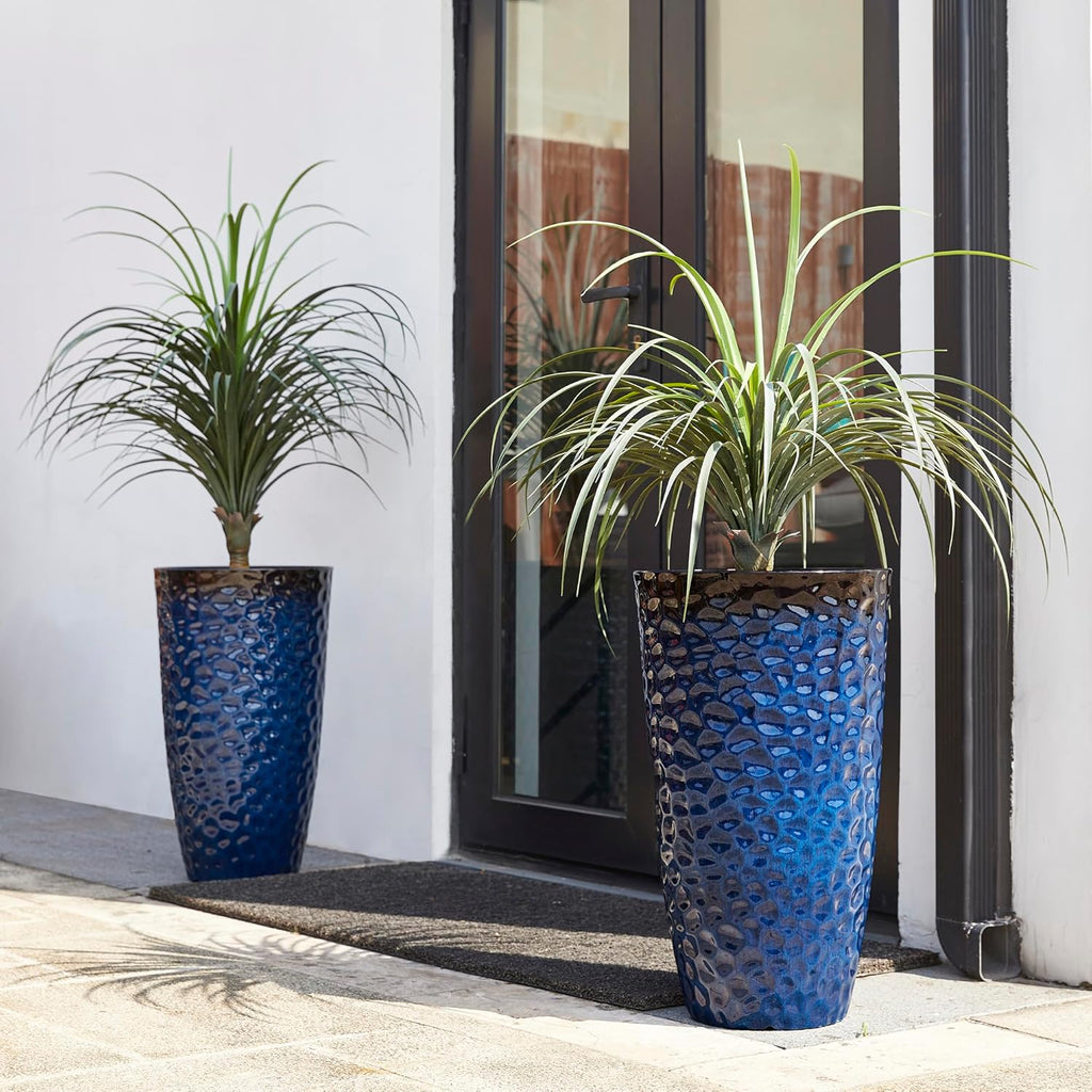 Glitzhome 23.75" H Oversized Tall Planter,Modern Set of 2 Honeycomb Textured Gradient Cobalt Blue Round Garden Plant