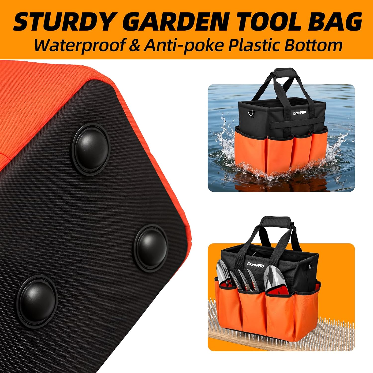 GRENPRO Garden Tool Bag, 10 Pockets, Adjustable Shoulder Strap, Orange | Heavy-duty gardening organizer tote stands