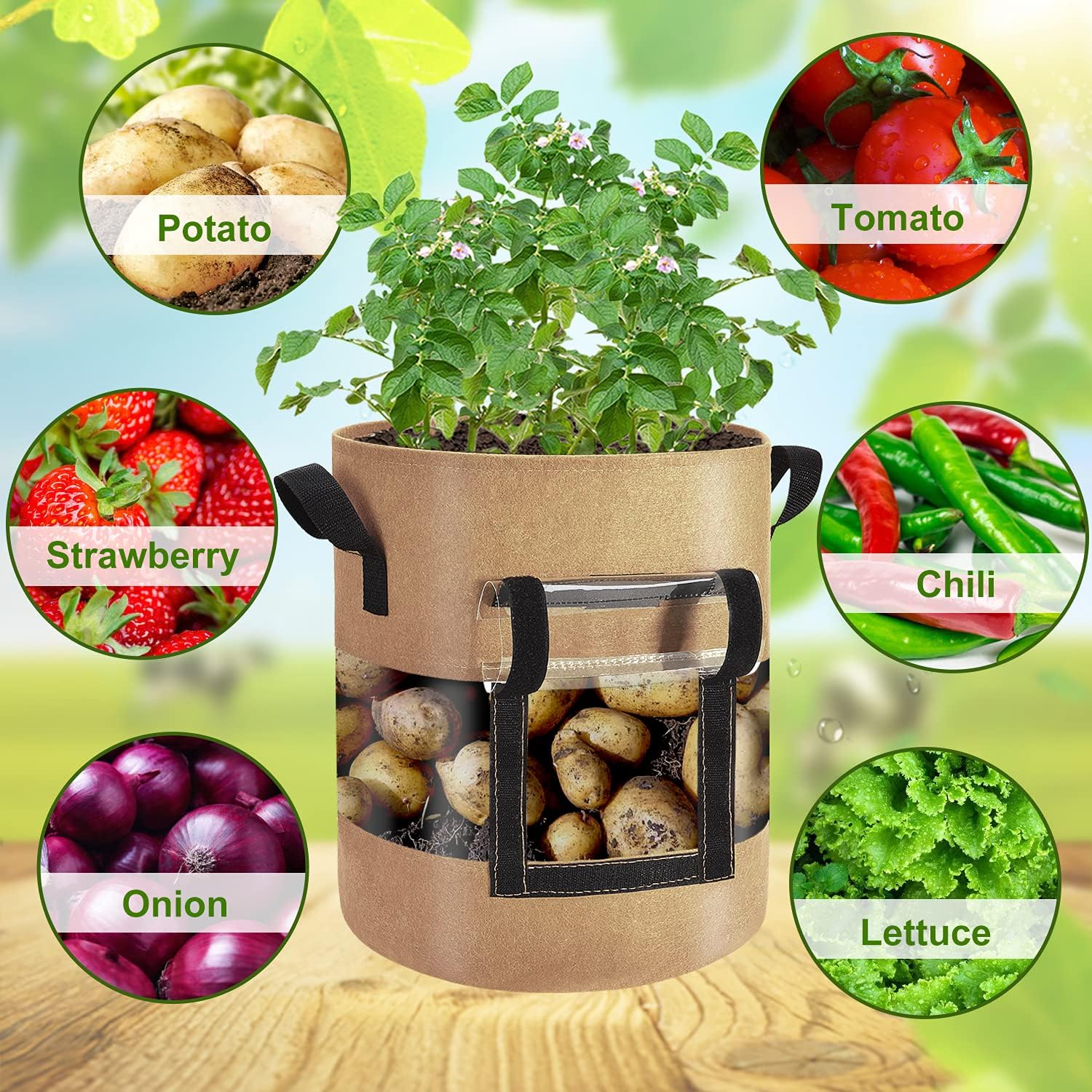 Visible Strawberry Sweet Potato Grow Bags 7 Gallon with Flap Window 3-Pack, Heavy Duty Thickened Aeration Nonwoven