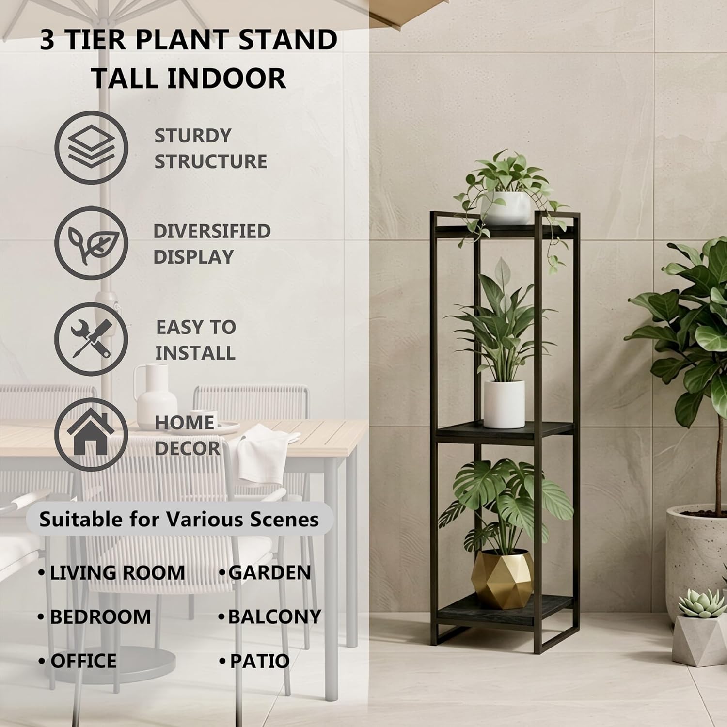 45" Tall Indoor Plant Stand, 3-Tier Flower Pot Rack, Black | Modern Minimalist Look, Wood Finish, for Living Room