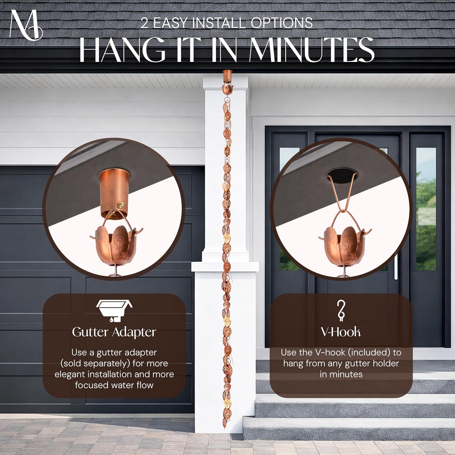 Monarch Rain Chains Pure Copper Cascading Leaves Rain Chains for Gutters – 8.5 ft Decorative Rainchain Outdoor Durable