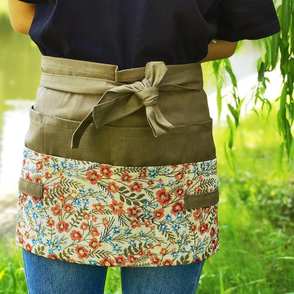 Gardening Apron Women, Half Floral Serve Garden Apron with 8 Pockets | Cute Florist Waitress Canvas Apron for Kitchen
