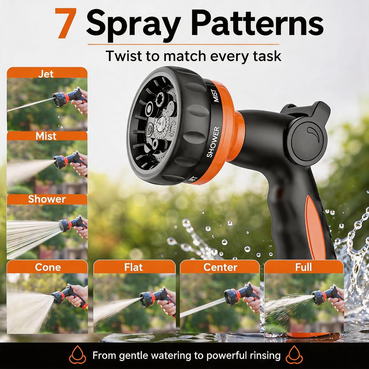 Garden Hose Nozzle Heavy Duty -Thumb Control Spray Nozzles for Garden Hose High Pressure, 7 Patterns Water Hose Nozzle