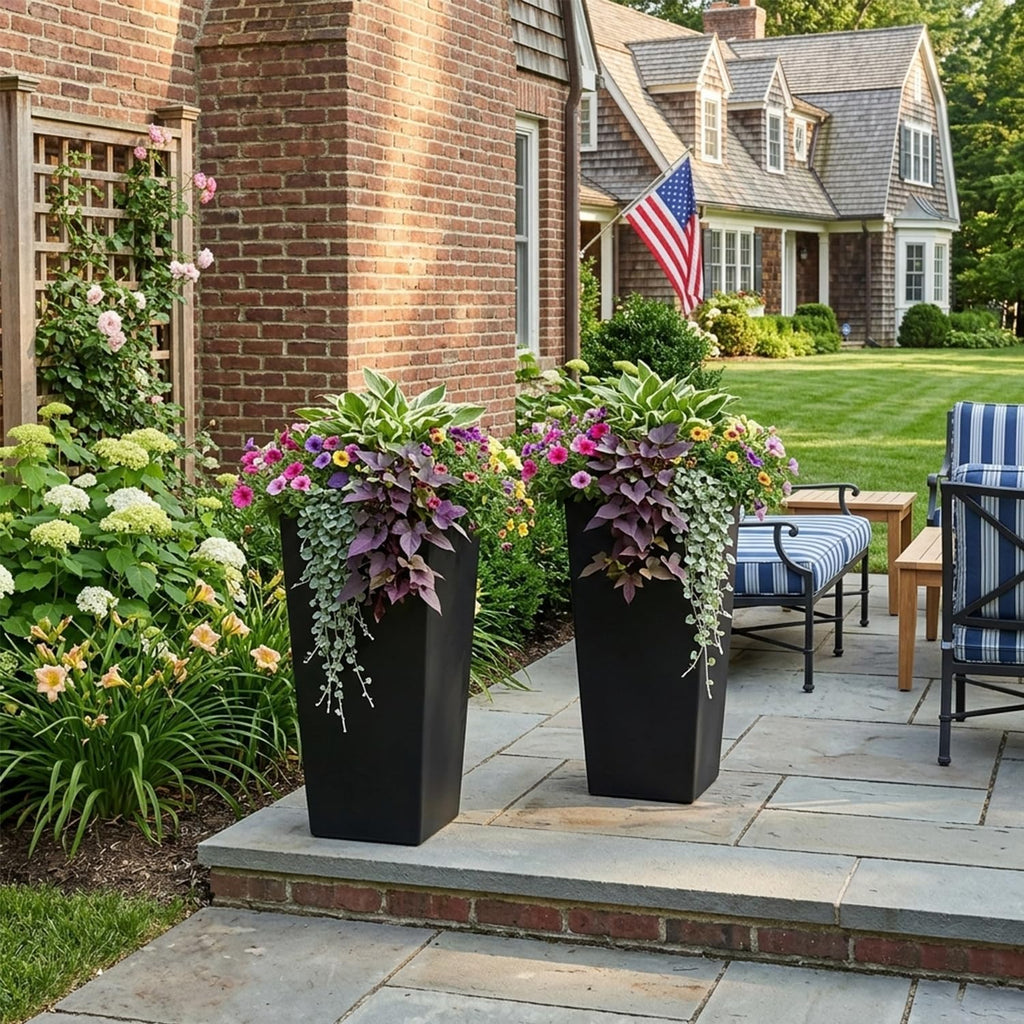 GreenShip 27" Tall Planters for Outdoor Indoor, Set of 2 with Drainage | Black Planter,Large Flower Pots, Drainage &