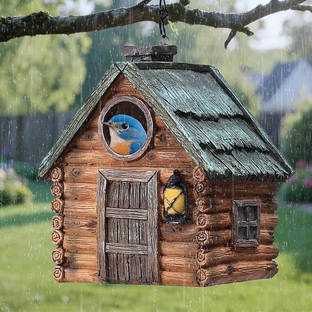 Bird Houses for Outside Real Wood-Look Resin Bird House with Hanging Chain – Waterproof & Durable Forest Birdhouses for