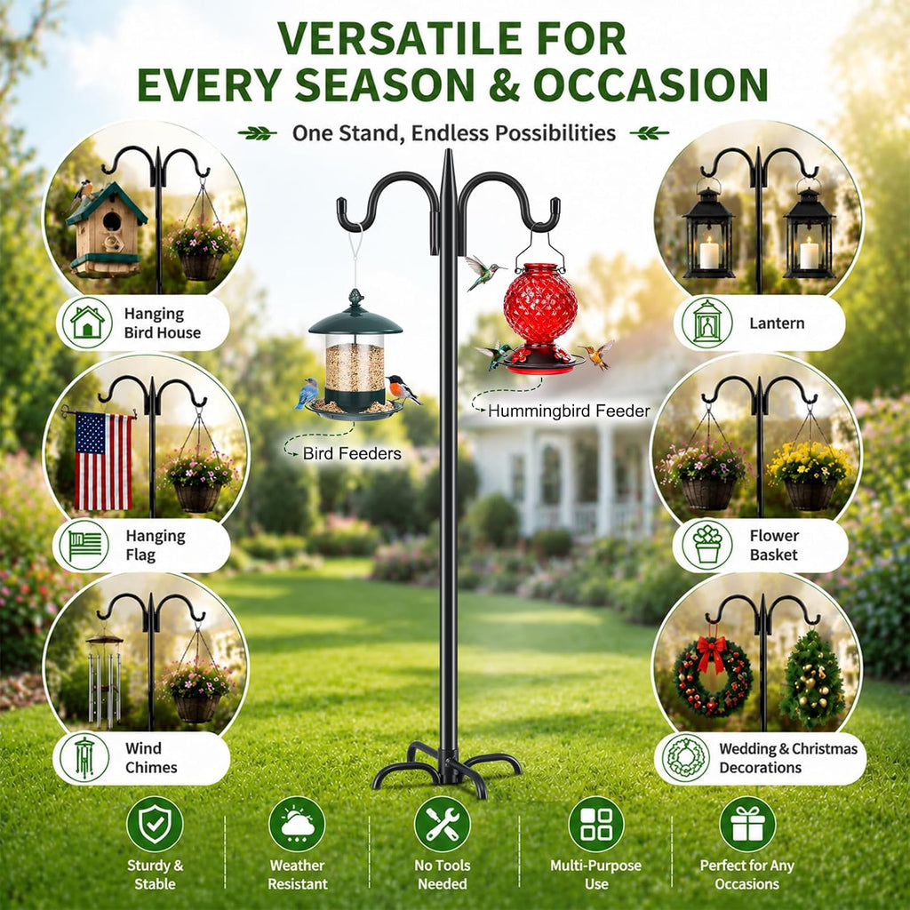 Gtongoko Bird Feeder Pole for Outdoors Heavy Duty, 2 Pack 92 Inch Double Shepherds Hook with 5-Prong Stable Base, 3/4