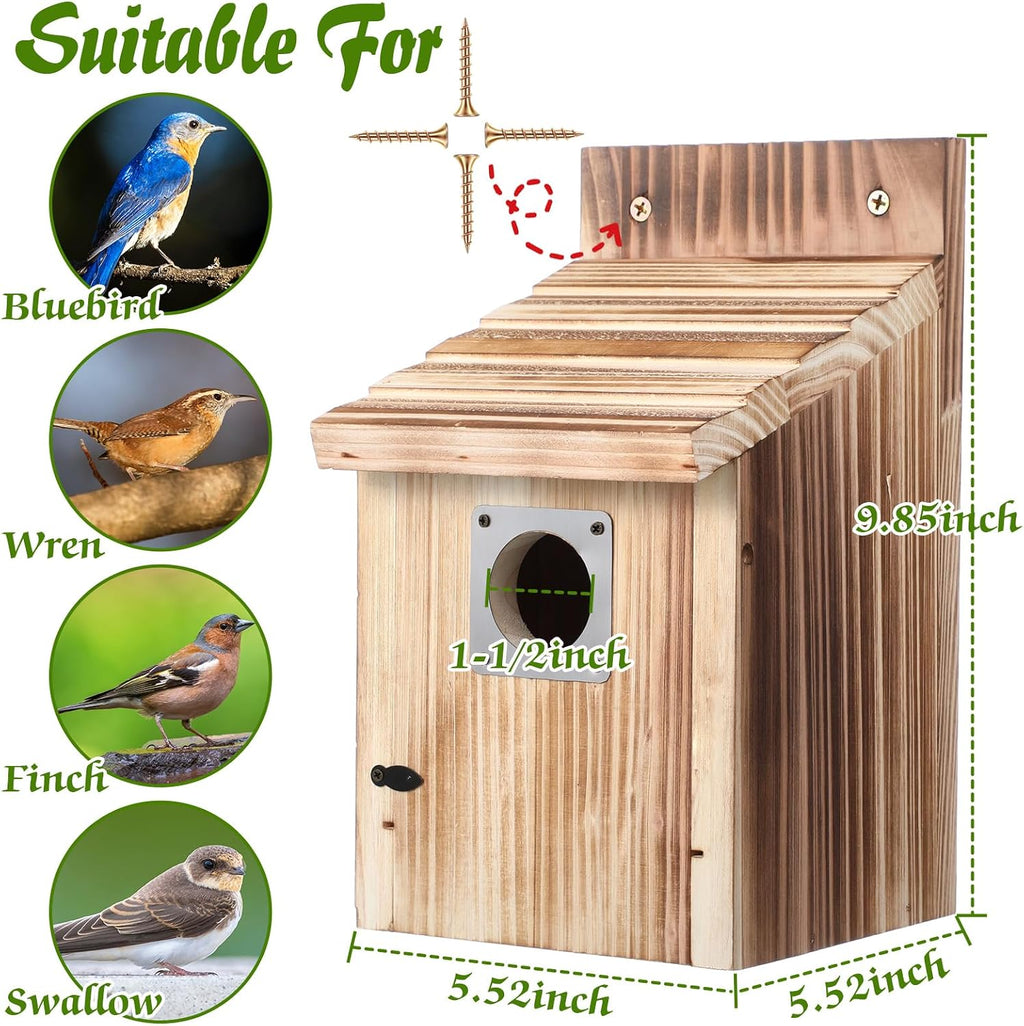Dreyoo Bluebird Houses for Outside, 1-1/2” Entrance Hole Wooden Bird Houses for Outdoor with Metal Predator Guard