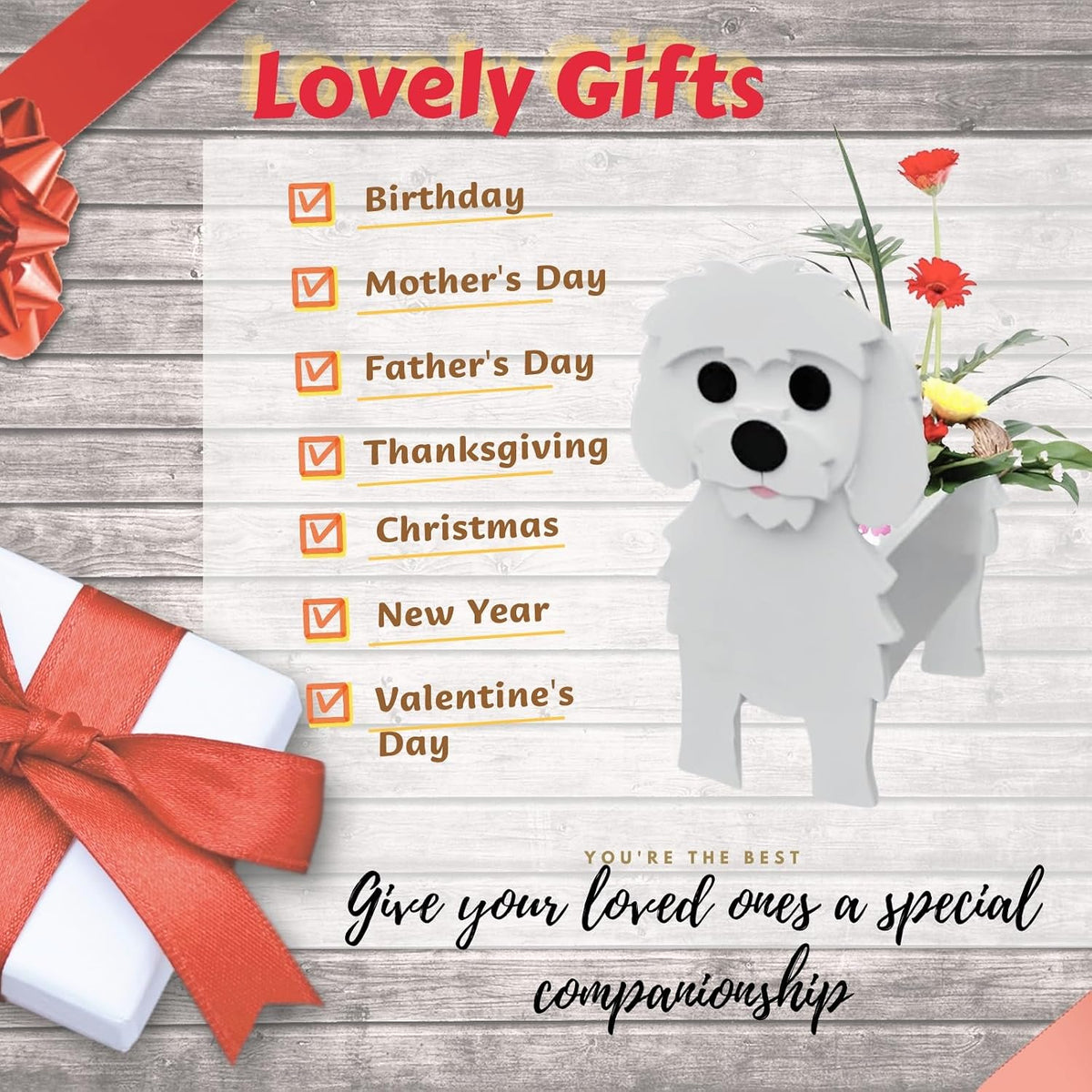 Maltese Dog Planter Pots, Animal Shaped Flower Pot | Cute Plant Gift for Women and Pet Lovers, Indoor Outdoor Garden