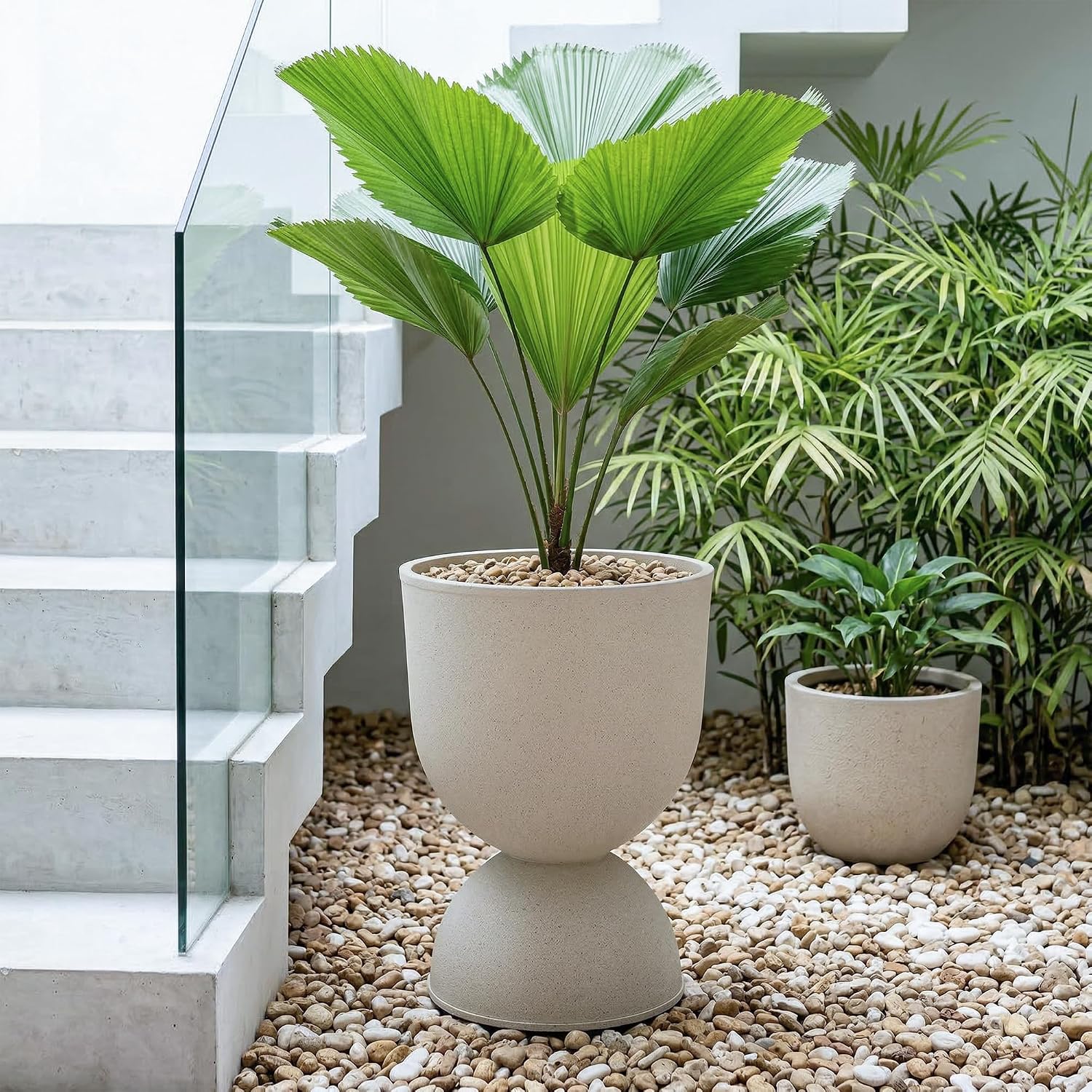 KOL Planters Flower Pots, Large Plastic Urn Planters for Indoor Outdoor Plants, Beige Pedestal Planter Pots, 23 Inch
