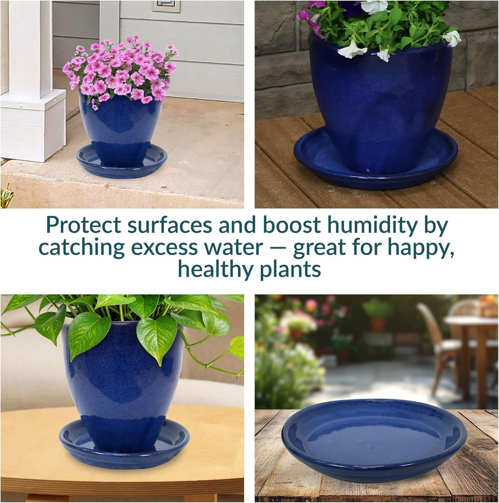 Sunnydaze 9" Ceramic Plant Saucers for Planters, 2pk, Imperial Blue | Indoor or Outdoor, Plant Drip Trays for Flower