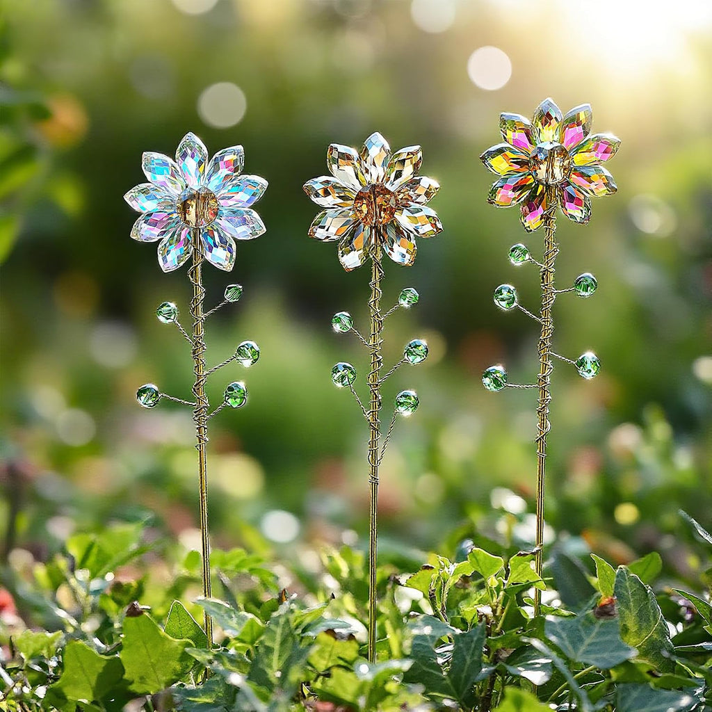 3Pcs Crystal Sunflower Suncatchers Glass Plant Suncatcher with Metal Stake