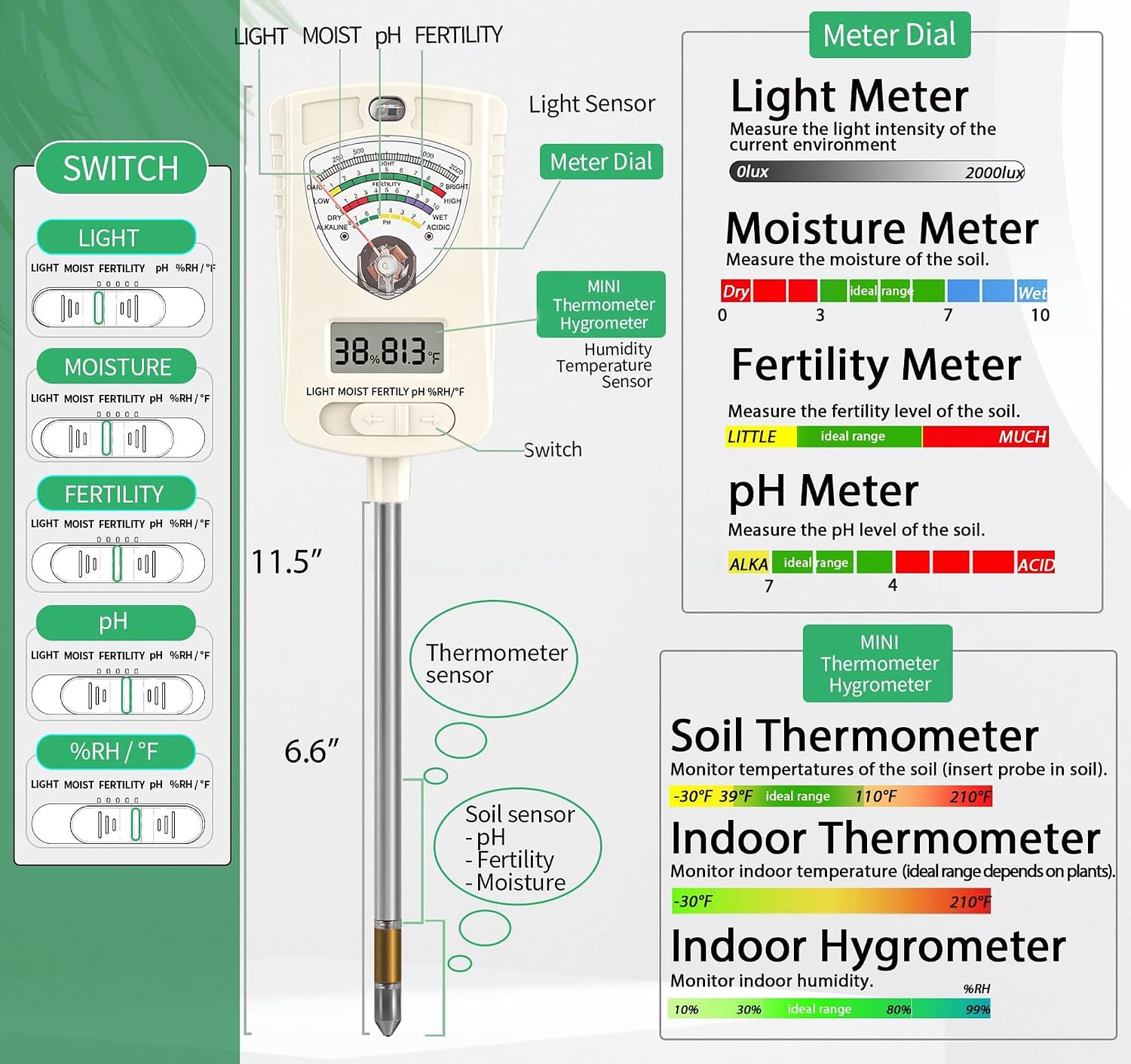 Soil Test Kit, 7-in-1 Soil Moisture Meter, Dual Screen Soil Tester, Moisture/pH/Temperature/Sunlight/Air