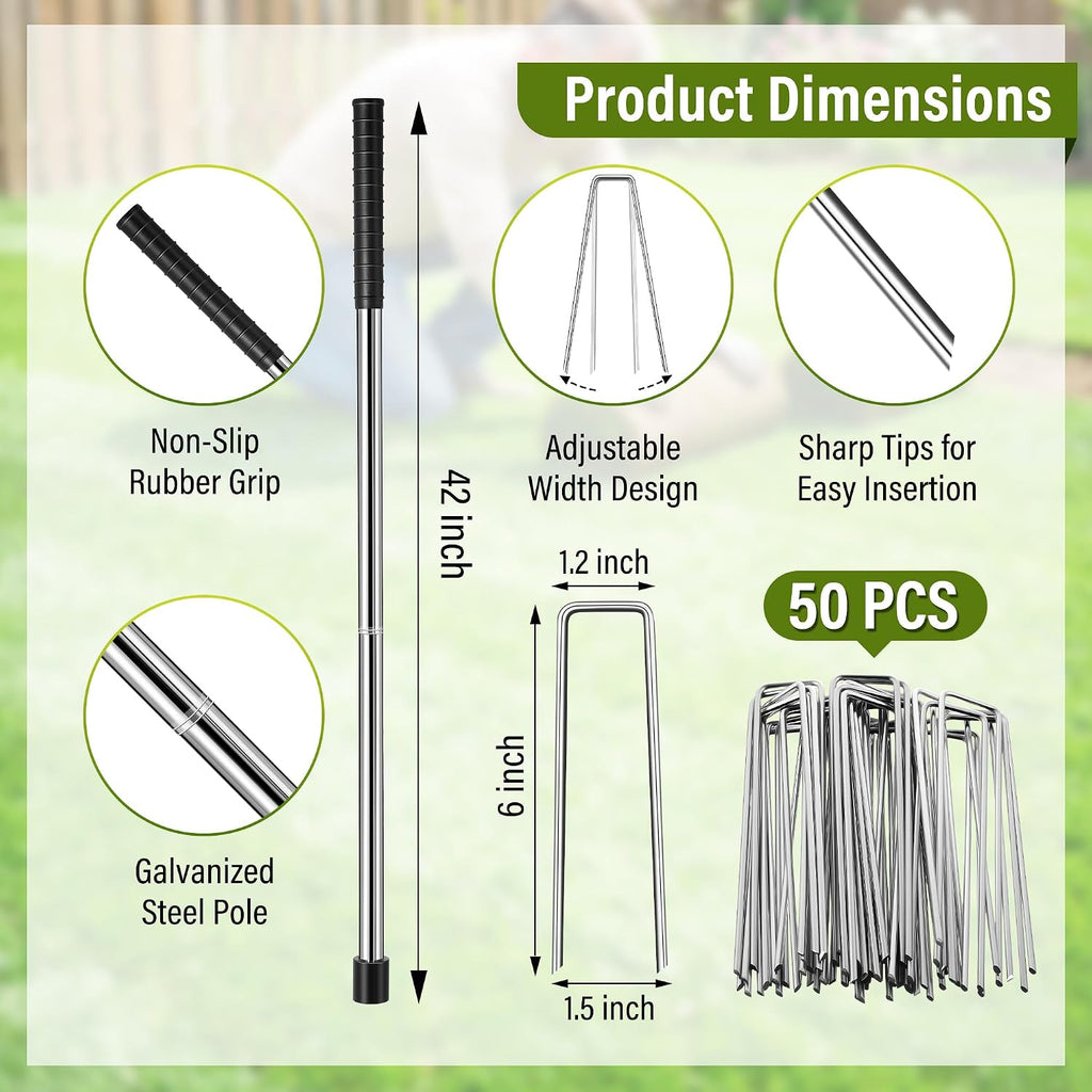 Enhon 46 Inch Landscape Staples Driver Kit with 6" 50 Pcs 11 Gauge Staples & Magnetic Tip for Landscape Fabric, Weed