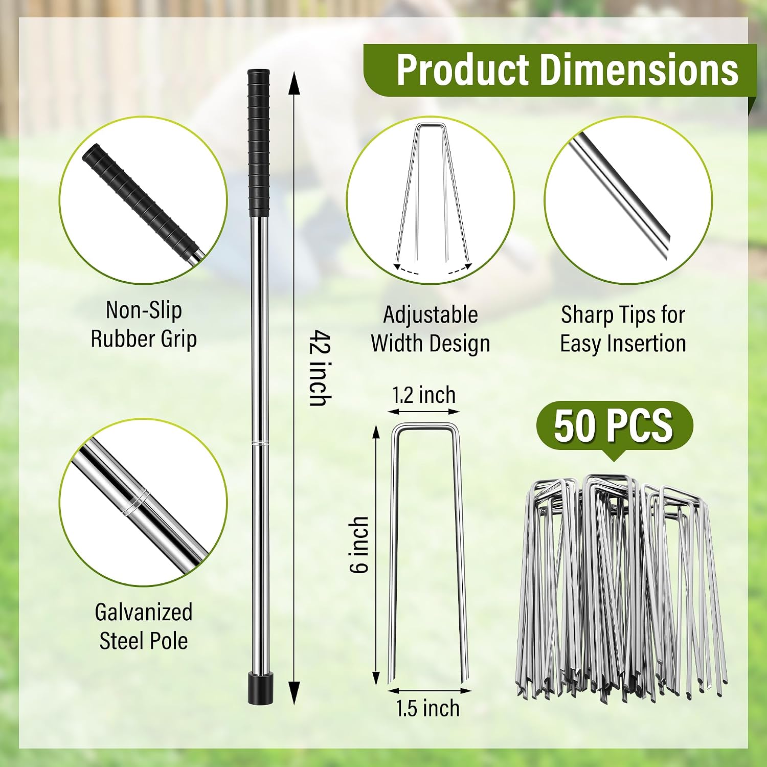 Enhon 46 Inch Landscape Staples Driver Kit with 6" 50 Pcs 11 Gauge Staples & Magnetic Tip for Landscape Fabric, Weed