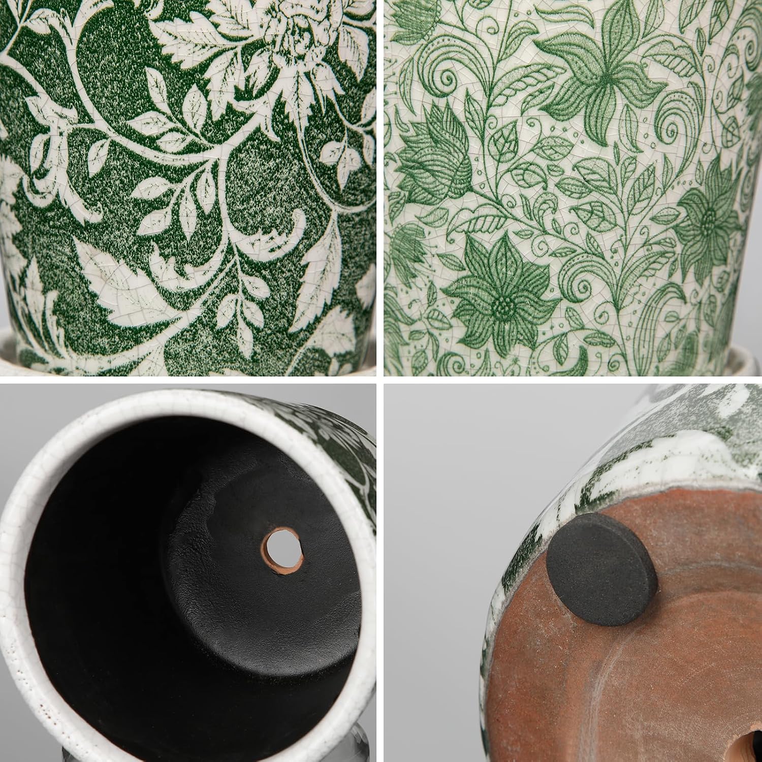 Set of 2 Ceramic Green Plant Pots with Drainage Hole and Saucers, Vintage Farmhouse Accent Planters for Indoor Plants
