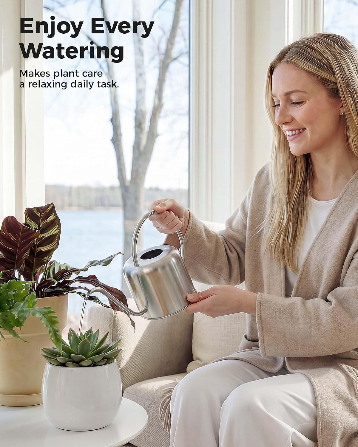 Bamworld Metal Watering Can for Indoor Outdoor Plant 1L/35oz Silver | Stainless Steel Watering Can with Long Spout for