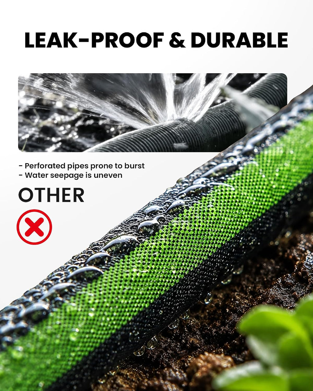 RAINPOINT 50FT Flat Soaker Hose, Heavy-Duty Flexible Drip Hose | Double-Layer 80% Water-Saving Flat Soaker Hose with