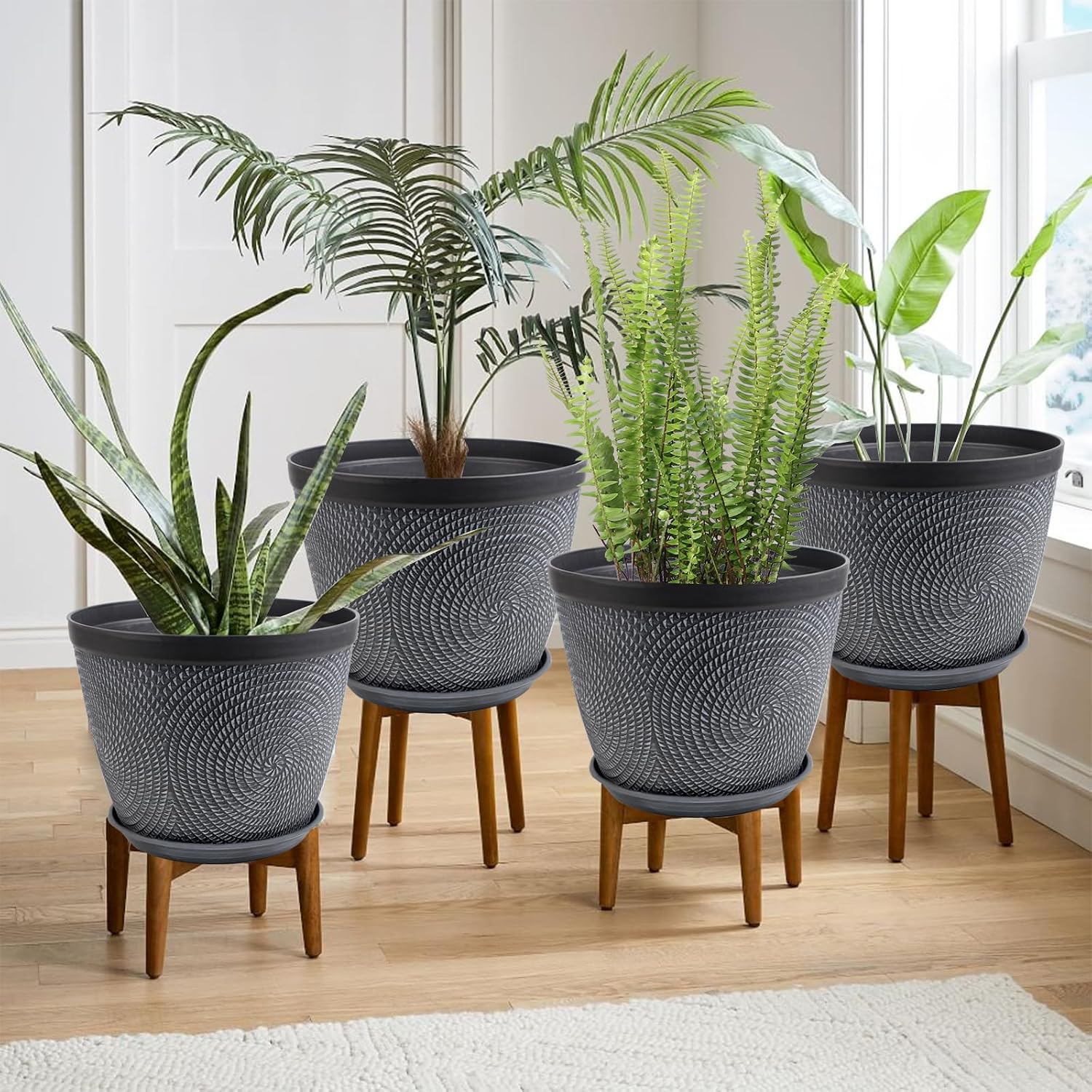 Quarut 4 Pack 15 Inch Large Planter Pot for Plants Outdoor Indoor, Plastic Flower Pots with Drainage Hole & Saucer