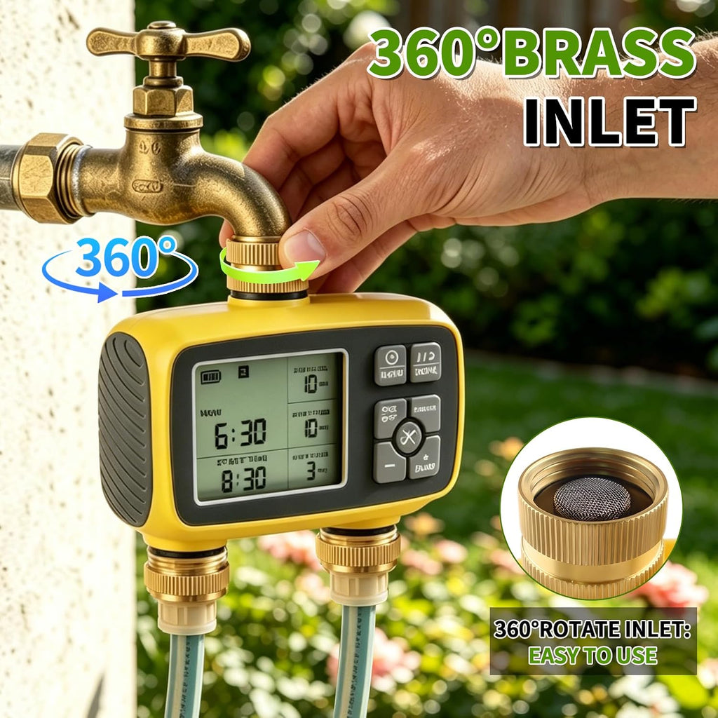 Upgraded Brass Sprinkler Timer-2 Zone Water Hose Timers with Metal Inlet & Outlet-Waterproof & Programmable Design
