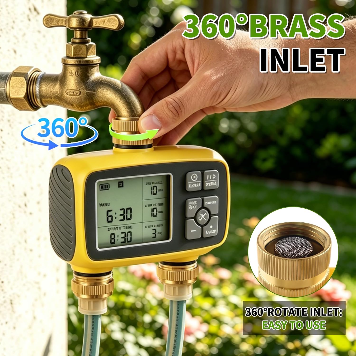 Upgraded Brass Sprinkler Timer-2 Zone Water Hose Timers with Metal Inlet & Outlet-Waterproof & Programmable Design