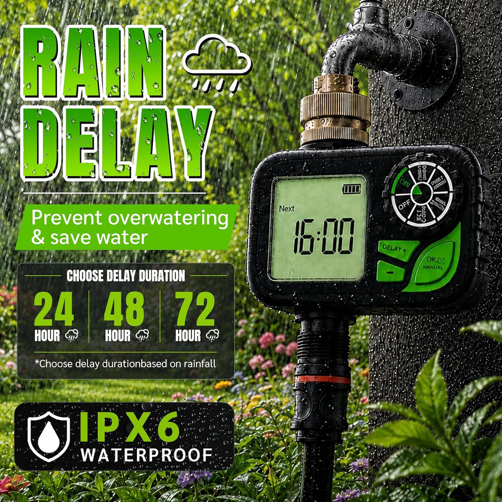 Sprinkler Timer for Garden Hose, Water Timer with Rain Delay, IP55 Weatherproof, Fits Standard 3/4" NH Hose Faucet