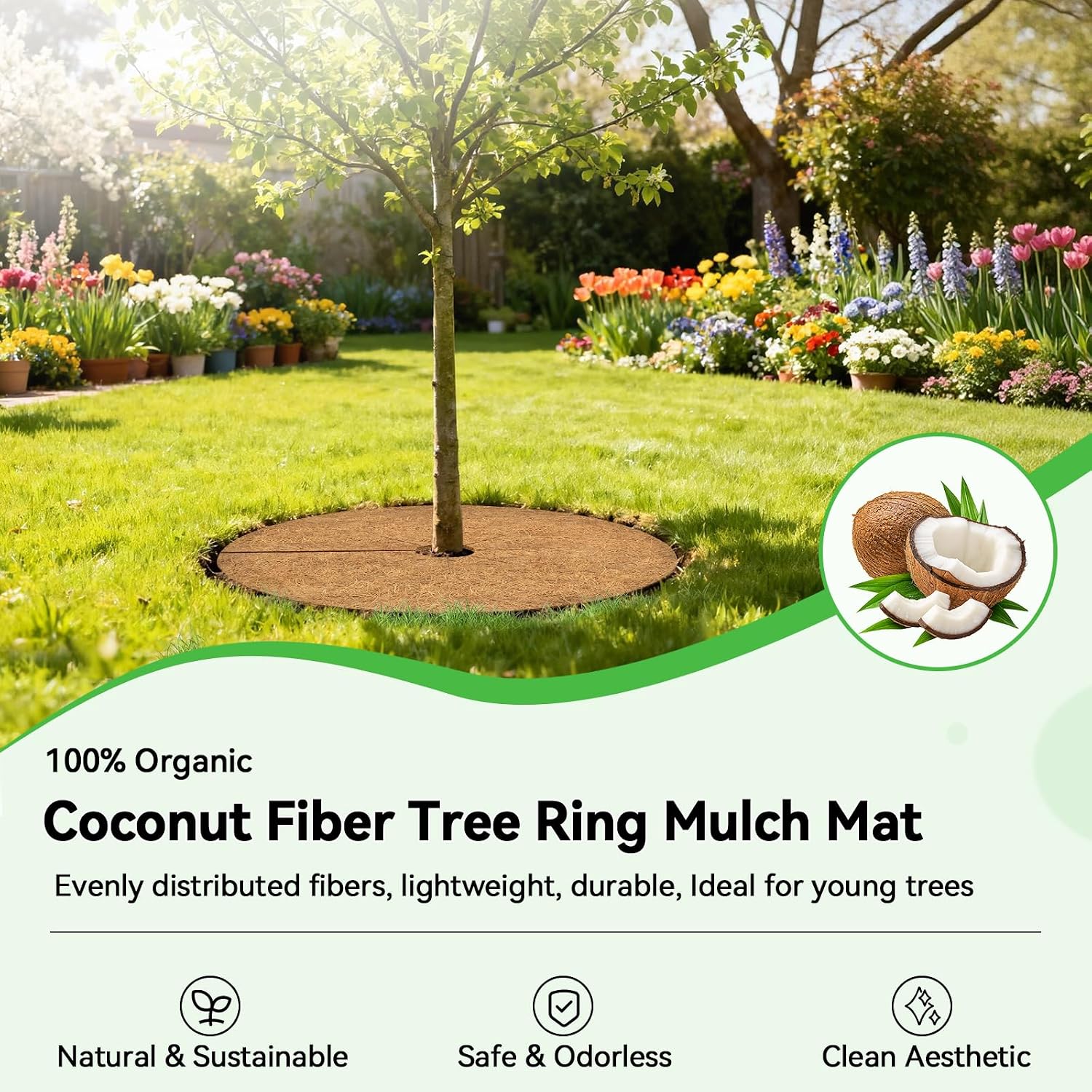 24 Inch Coconut Fiber Tree Ring Mulch Mat, 3 Pack Tree Mulch Ring | 100% Natural Coco Coir Tree Plant Protectors Mat
