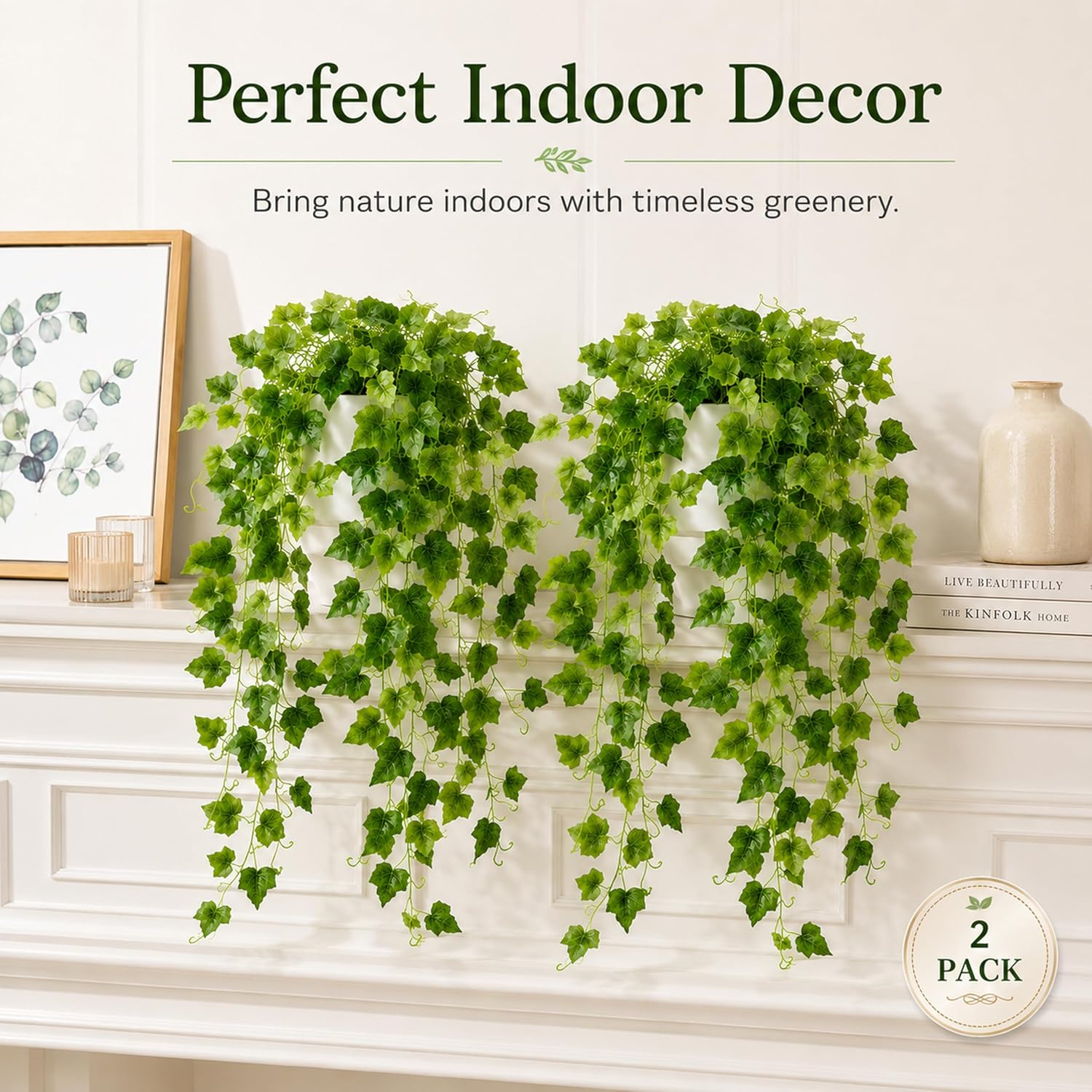 WHANLEY 36" Fake Pothos Hanging Plants in White Pots, 2 Pack Artificial Hanging Plants with 168 Leaves Each &