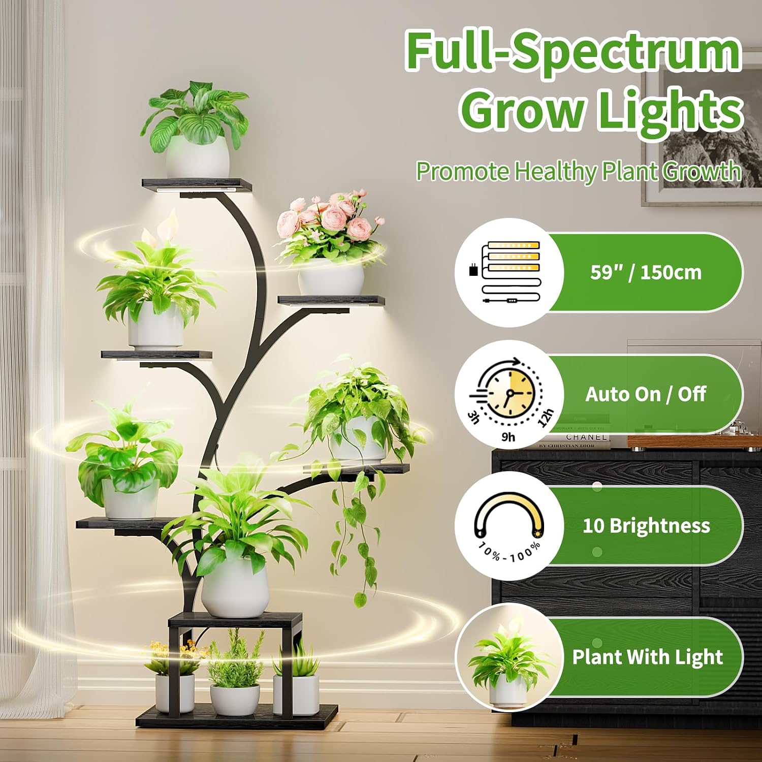 BACEKOLL Plant Stand Indoor with Grow Light, 7 Tier 49" Lighted Plant Shelf | Tree-Shaped Tall Holder with Full