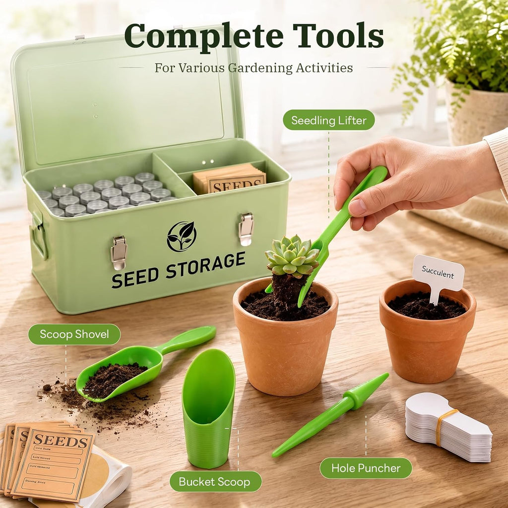 60 Slots Metal Seed Organizer with 3 Compartment Lid & Safety Locks | Seed Storage with 20 Windowed Seed Envelopes