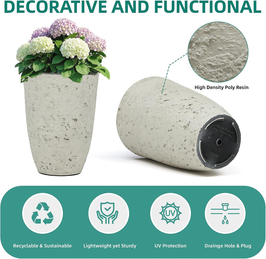Autodaya 19.5" Resin Tall Planters for Outdoor Plants, Set of 2 Flower Pots | Country White Large Outdoor Planters With
