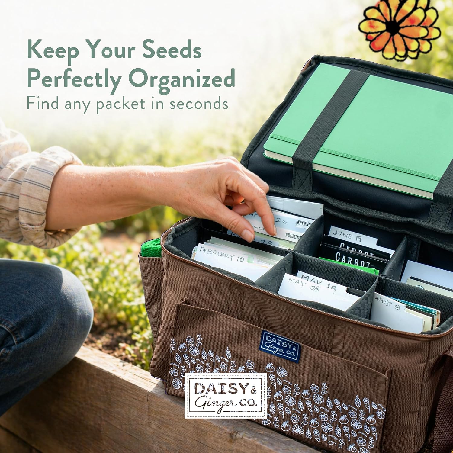 SEED STORAGE ORGANIZER TOTE BAG - Flexible Canvas Seed Organizer Holds 180 Seed Packets with Shoulder Strap, Side
