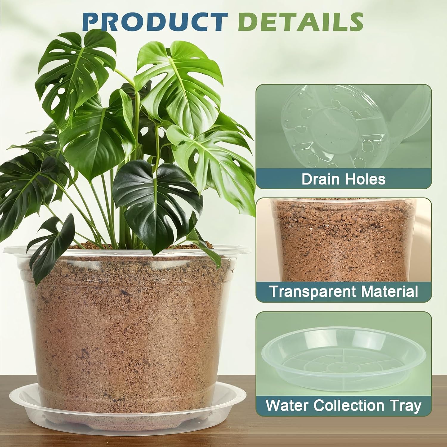 6/8/10 Inch Large Size Clear Nursery Pots with Drainage and Saucers, 9 Pack Plastic Plant Pots for Seedling Starter