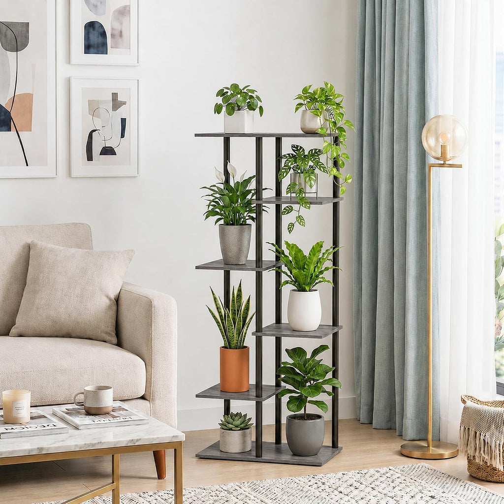 Corner Tall Plant Stand Indoor 6 Tier 8 Potted, Oak Grey | Functions as Flower Pots, Shelf, Decor Rack, Holder, Metal