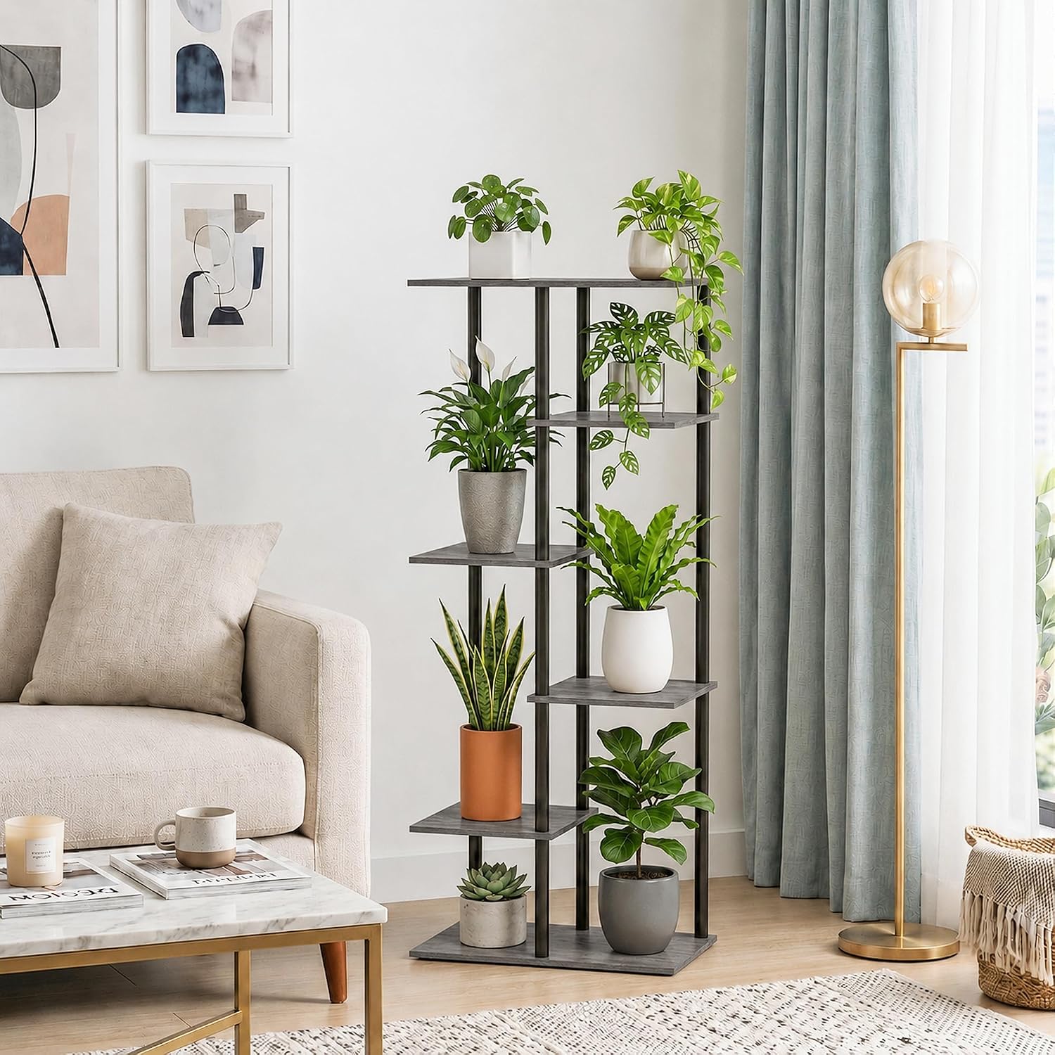 Corner Tall Plant Stand Indoor 6 Tier 8 Potted, Oak Grey | Functions as Flower Pots, Shelf, Decor Rack, Holder, Metal