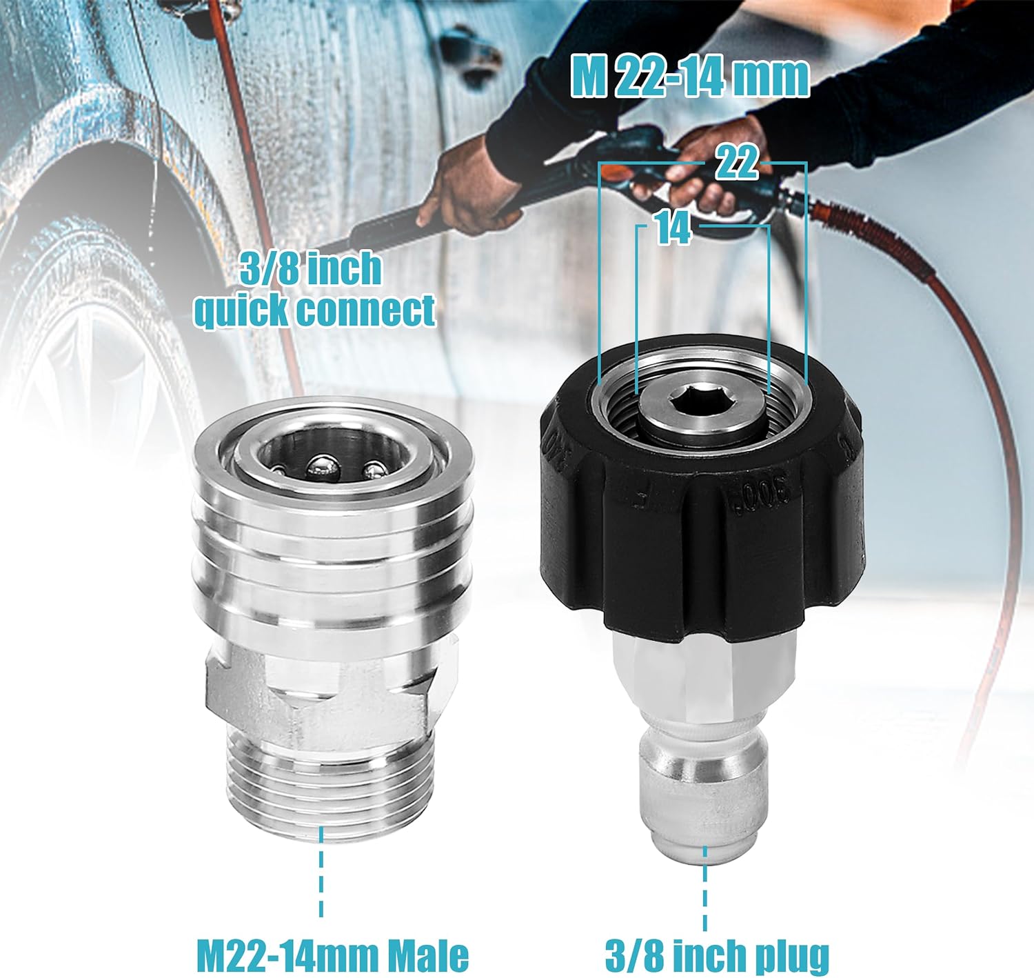 Tool Daily Pressure Washer Adapter Set, Stainless Steel Quick Connect Kit | M22 14mm to 3/8" Quick Disconnect Kit for