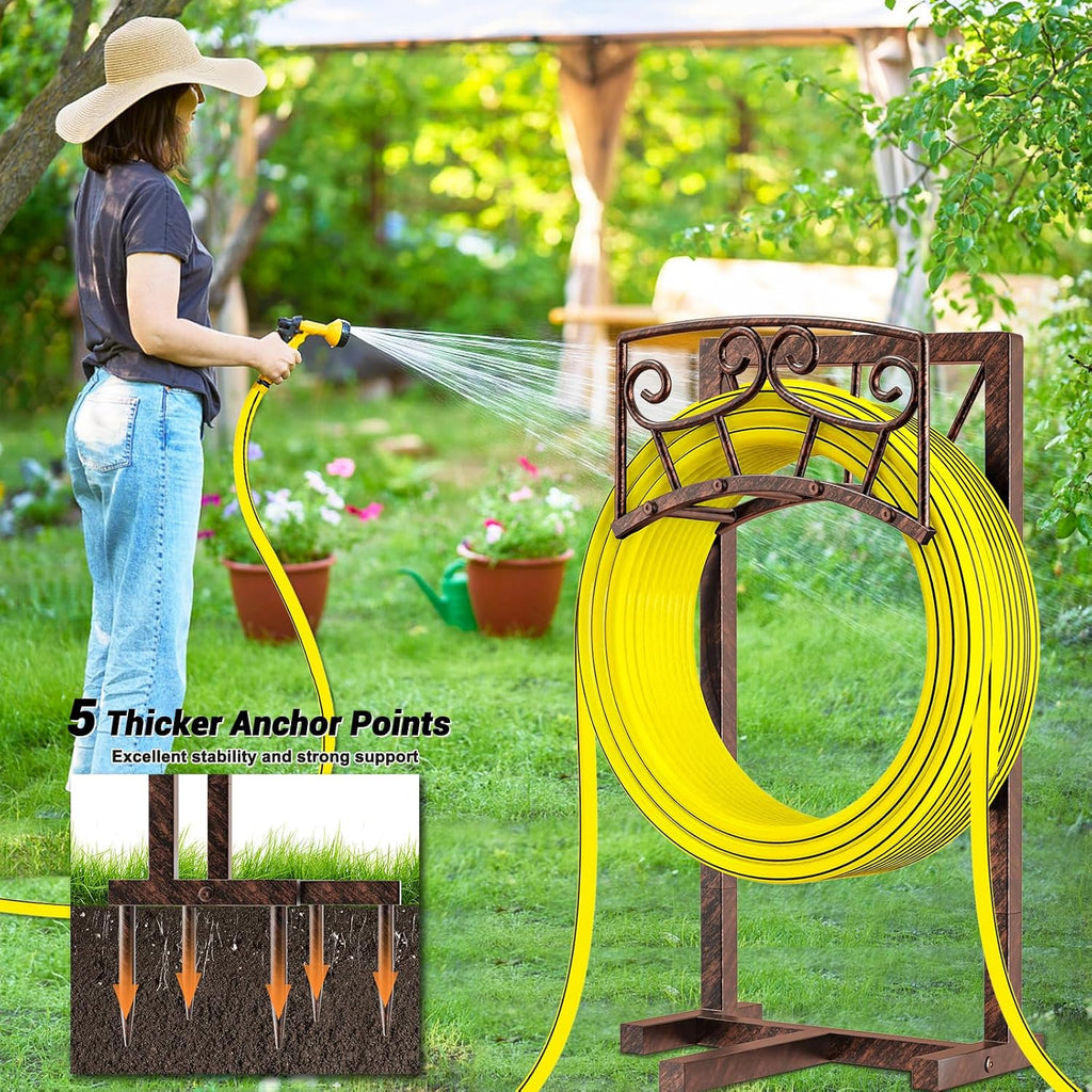 Garden Hose Holder, Heavy Duty Metal Water Hose Holders Hose Stand with 5 Spikes, Freestanding Hose Storage Rack Hose