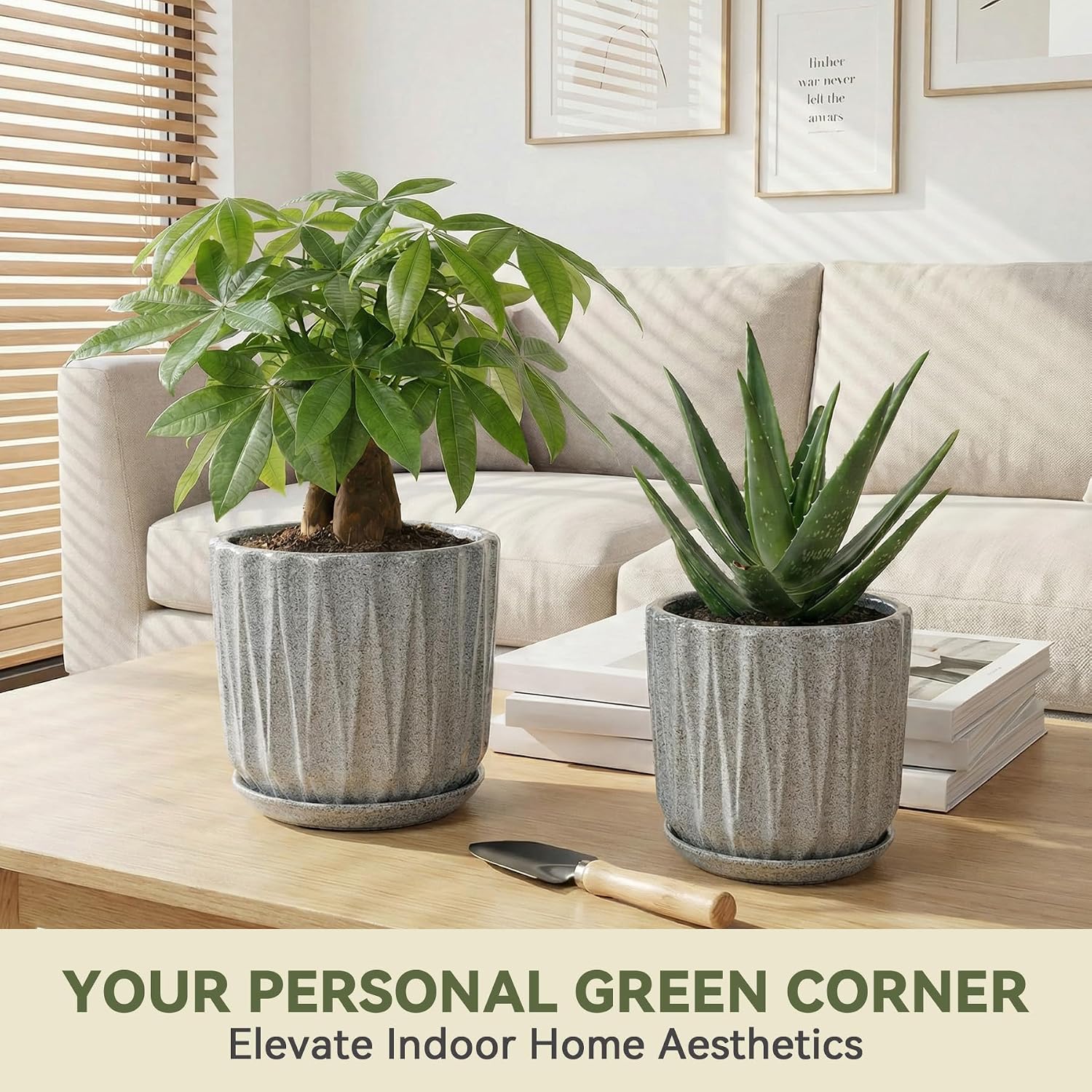 7.5 Inch Ceramic Planter Pot with Saucer Drainage Leak-Proof Mesh,Flower Pots for Indoor Plants with Gardening
