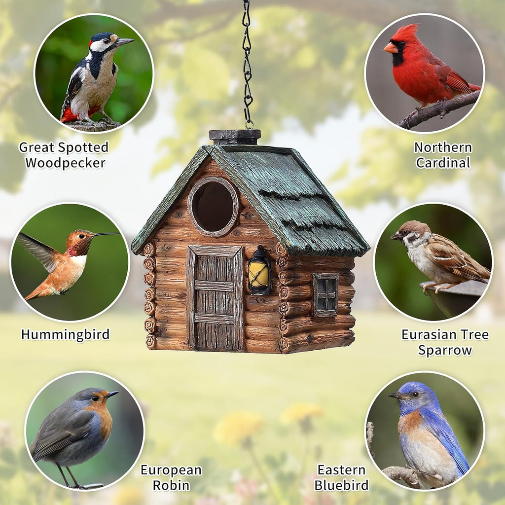 Bird Houses for Outside Real Wood-Look Resin Bird House with Hanging Chain – Waterproof & Durable Forest Birdhouses for