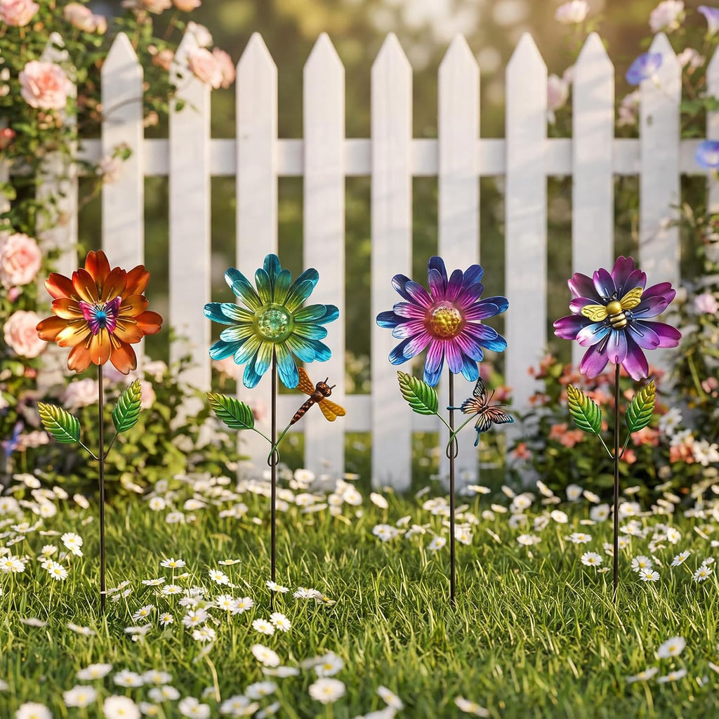 Calenzana Metal Flower Garden Stakes for Outside Set of 4, Flower Garden Decor with Shaking Head for Yard Porch Lawn