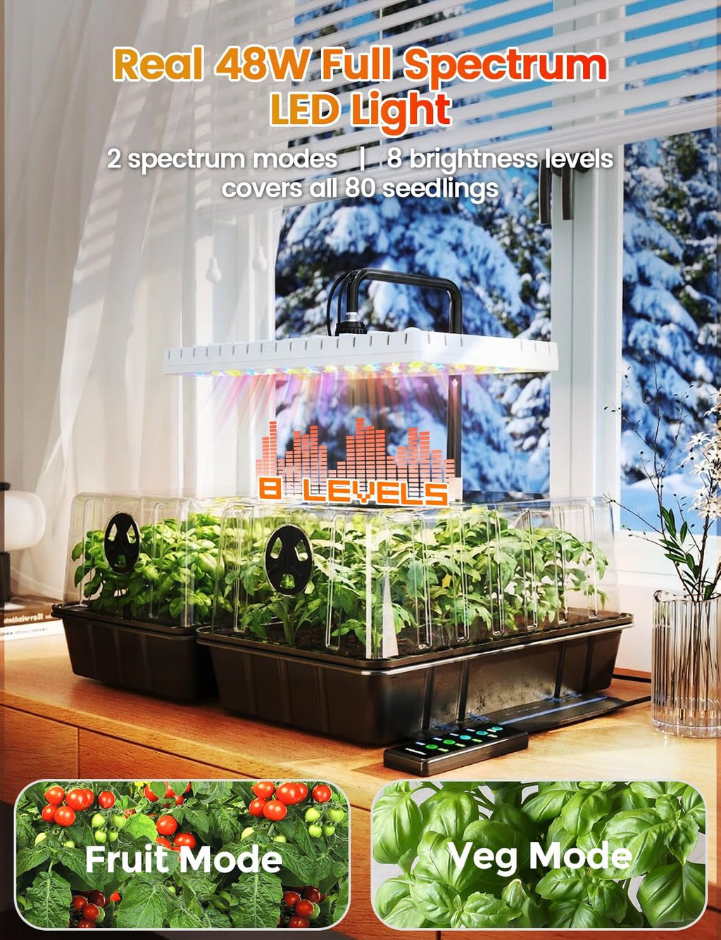 MetryGrow 48W Full Spectrum LED Grow Light Seed Starter Kit, 80-Cell Tray with 30W Heating Mat & Adjustable Dome