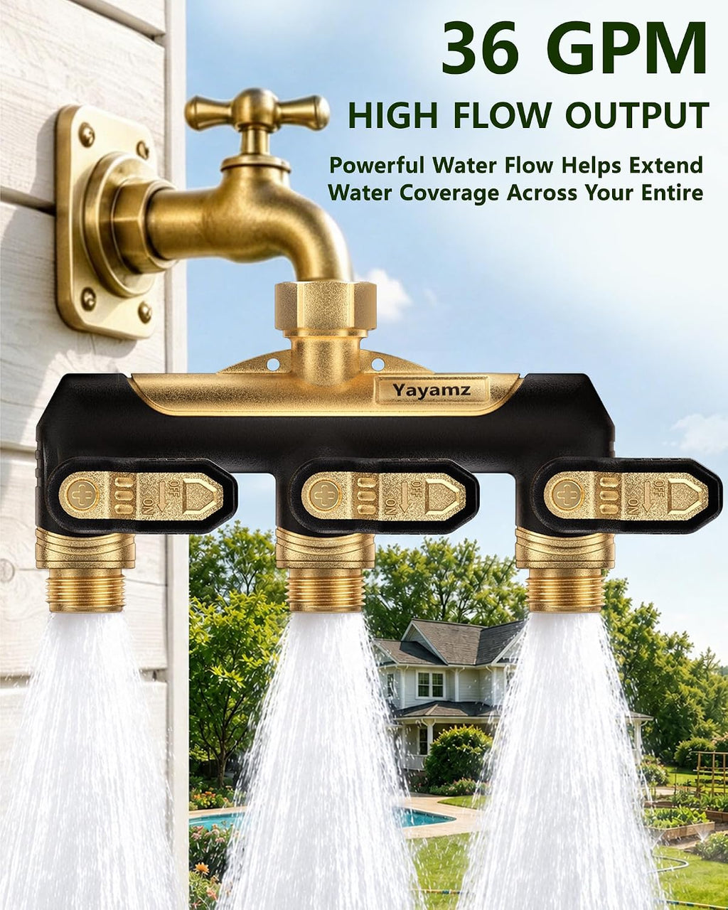 Garden Hose Splitter 3 Way, Heavy Duty All Metal Water Hose Spigot Splitter | Shut Off Valves,2.4" Easy-Turn