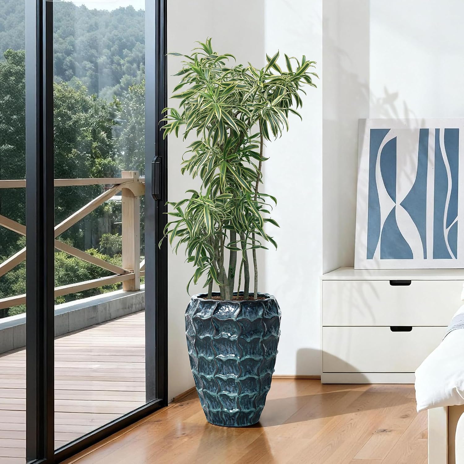 LuxenHome 17.7" Blue Ceramic Plant Pot, Tall Planter with Geometric Texture | Large Plant Pot, Flower Pots with