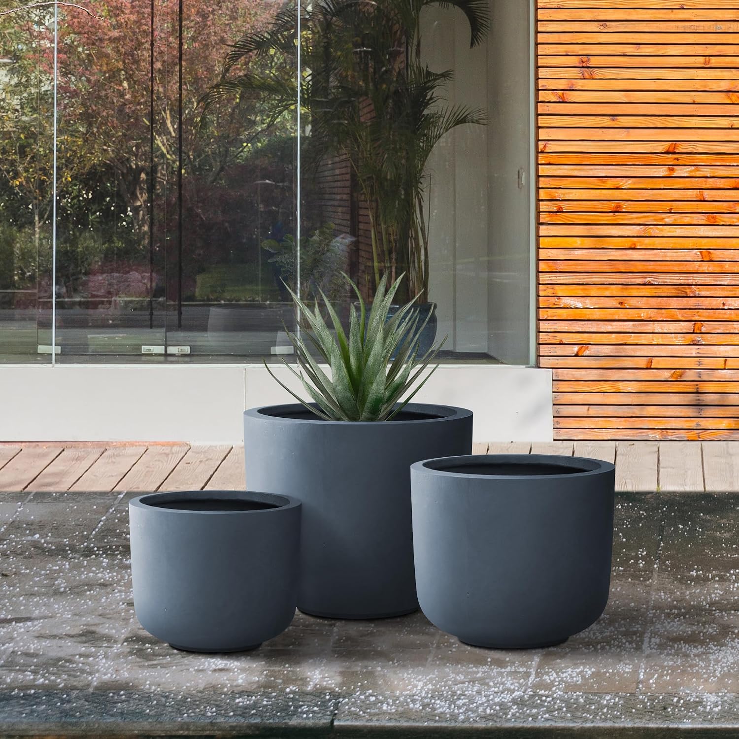Kante Set of 3 Charcoal Concrete Capsule Planters 13.1" 11" 9" Dia | Drainage for Outdoor, Rubber Plug for Indoor Home