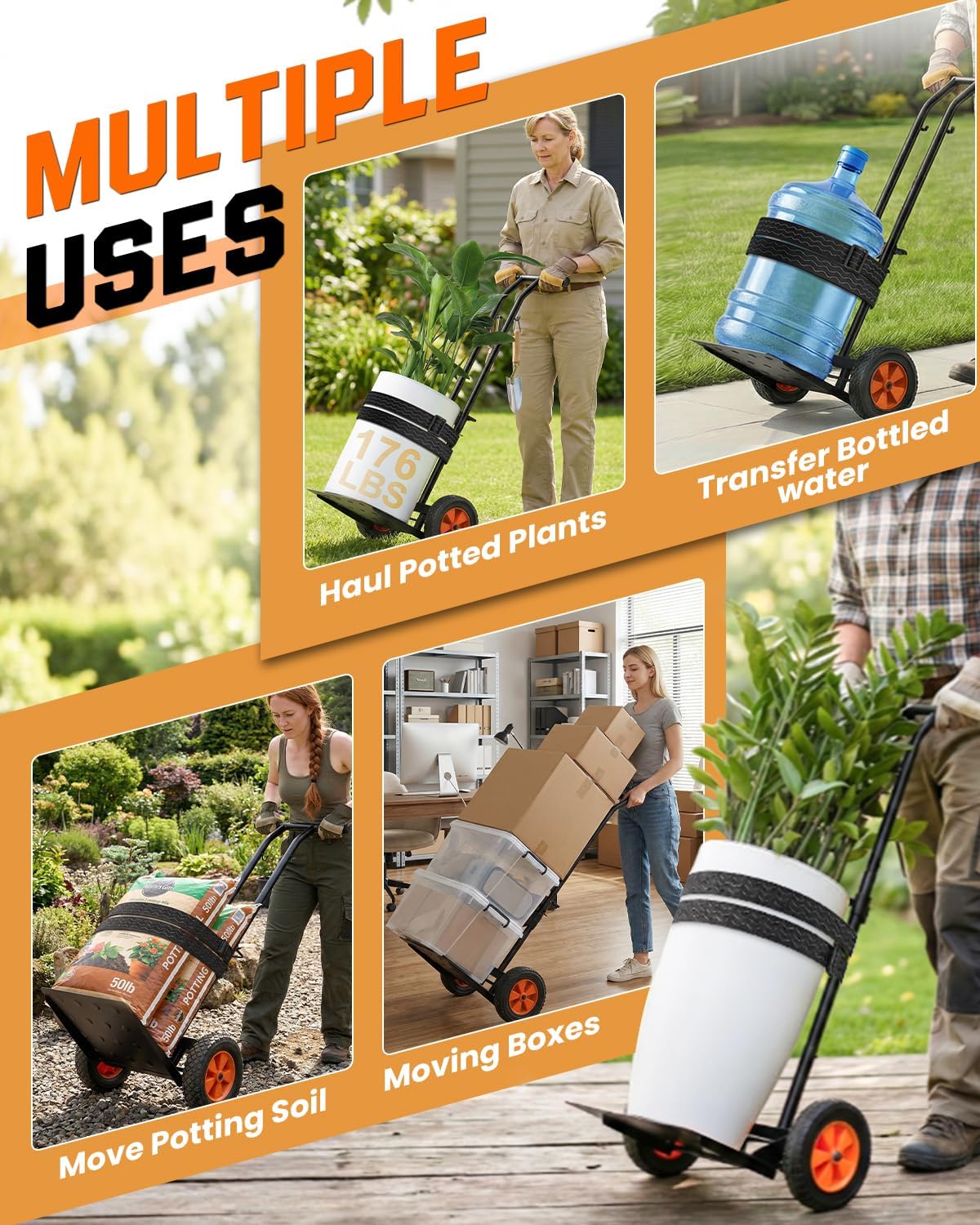 Plant Caddy with Wheels, 176Lbs Heavy Duty Plant Dolly Cart | Foldable, Adjustable Grabbing Arm & Strap, Back &