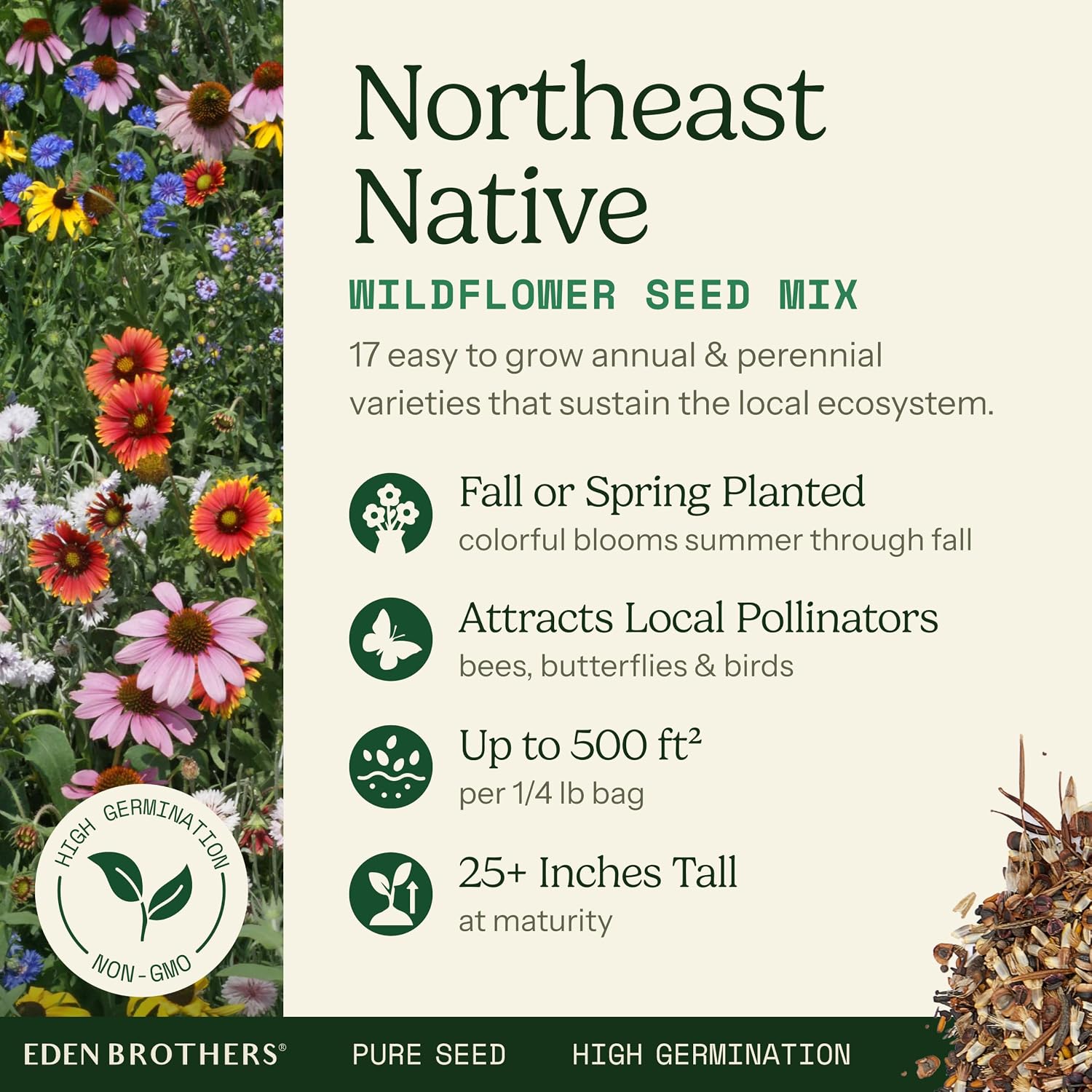 Eden Brothers Native Northeast Wildflower Seed Mix, 1/4lb, 17 Wild Flower Seed Varieties, 100% Pure Seed No
