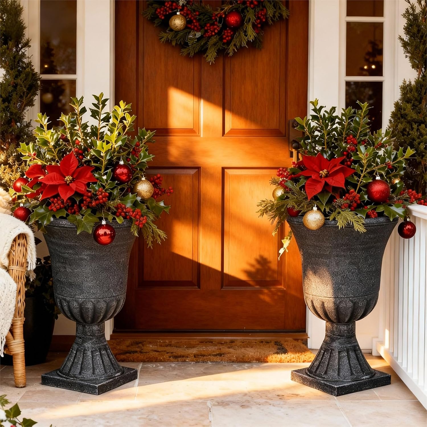 Autodaya 22" Tall Urn Planters for Outdoor Plants Set of 2 Large Flower Pot | 3D Textured Washed Black Pedestal Outdoor
