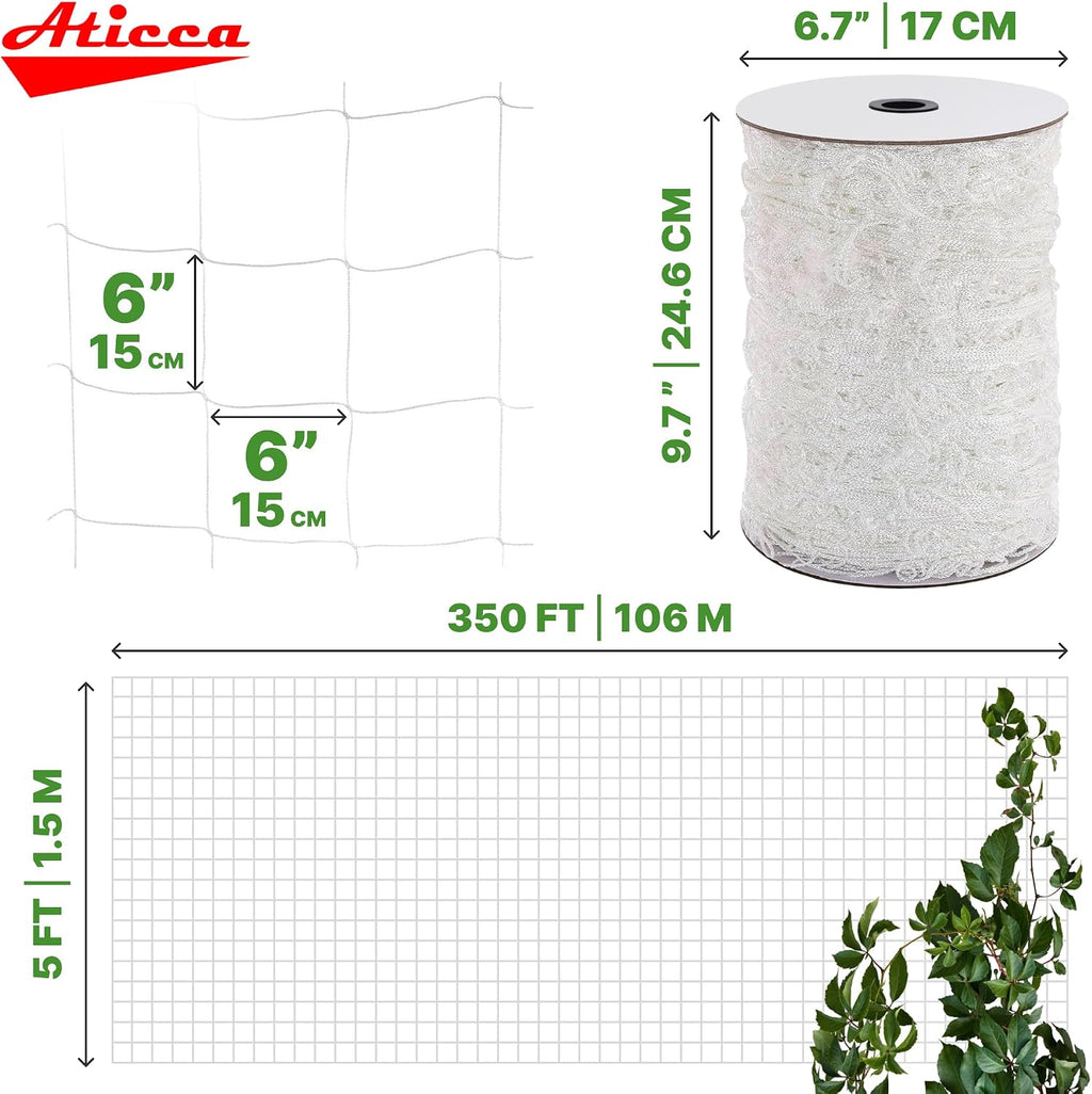 ATICCA Trellis Netting 5 x 350 ft Heavy Duty Polyester Plant Support Netting White - 6 Inch Garden Rope Trellis on Roll