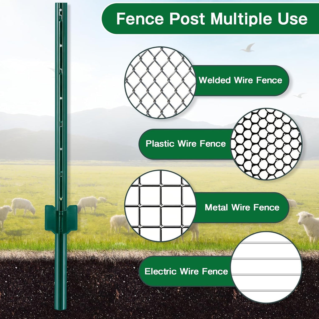 Gtongoko 5 Pack 5FT Heavy Duty Metal Fence Posts,Green U Channel No Dig Fence Stakes with Anchor Plate, Steel Posts for
